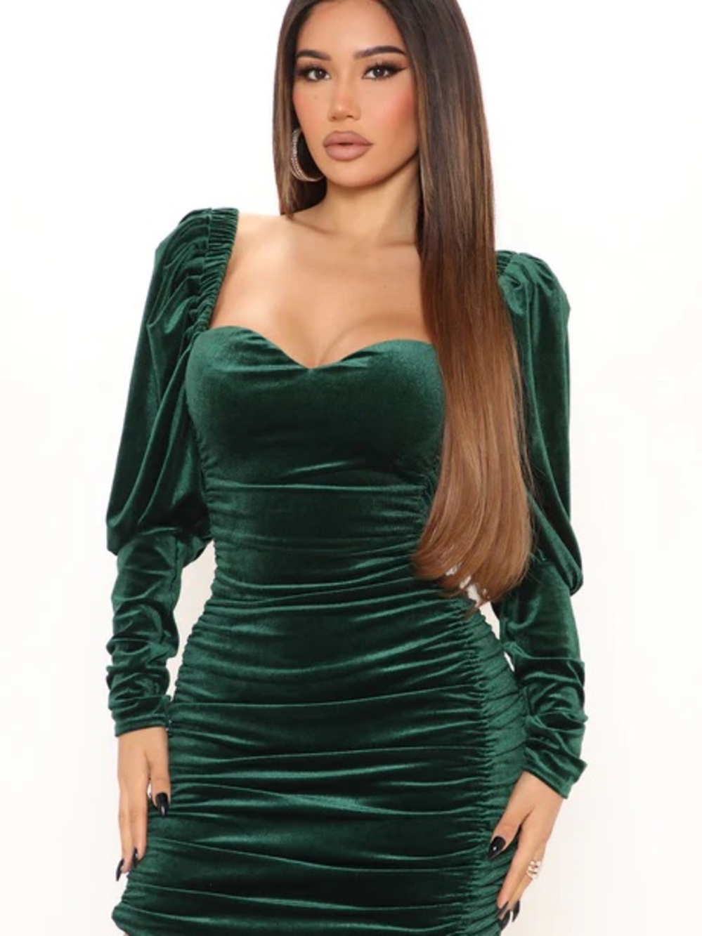 💎Fashion Nova Dark Green Velvet Sweetheart Ruched Bodycon Dress